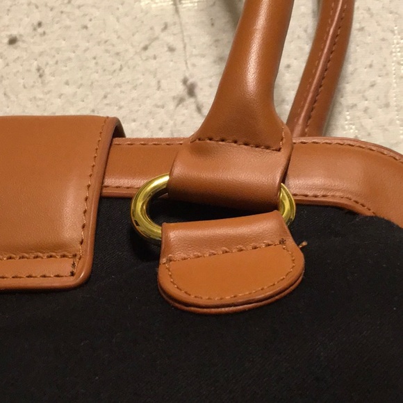 EUC,Iman trapezoid Black Denim Bag,Camel faux leather,Over arm handlesGoldzipper - Picture 4 of 16